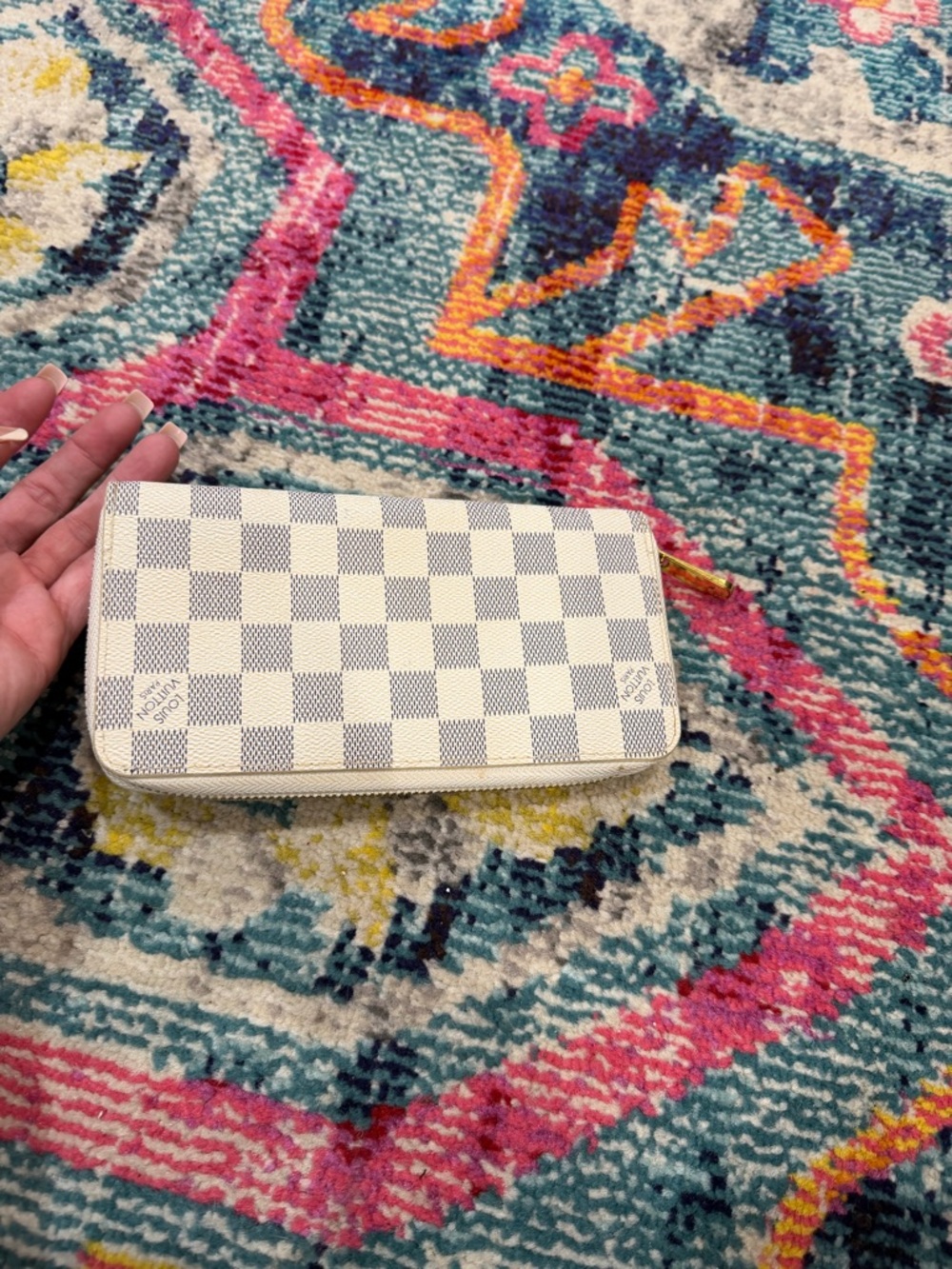 Designer inspired Classic Checkered Zip-Around Wallet - Cream/Blue